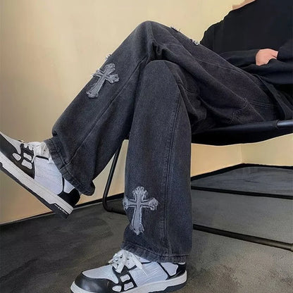Cross Embroidery Loose Streetwear Jeans