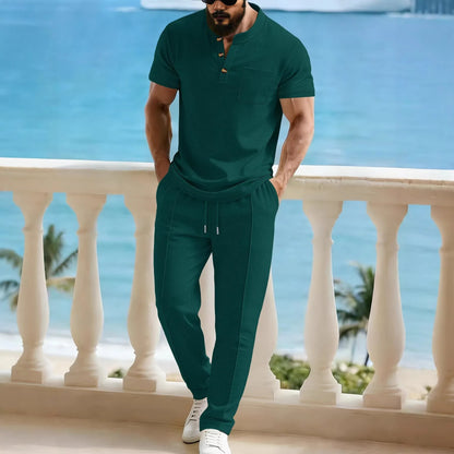 Waffle Henley Stand-Collar Pants Set