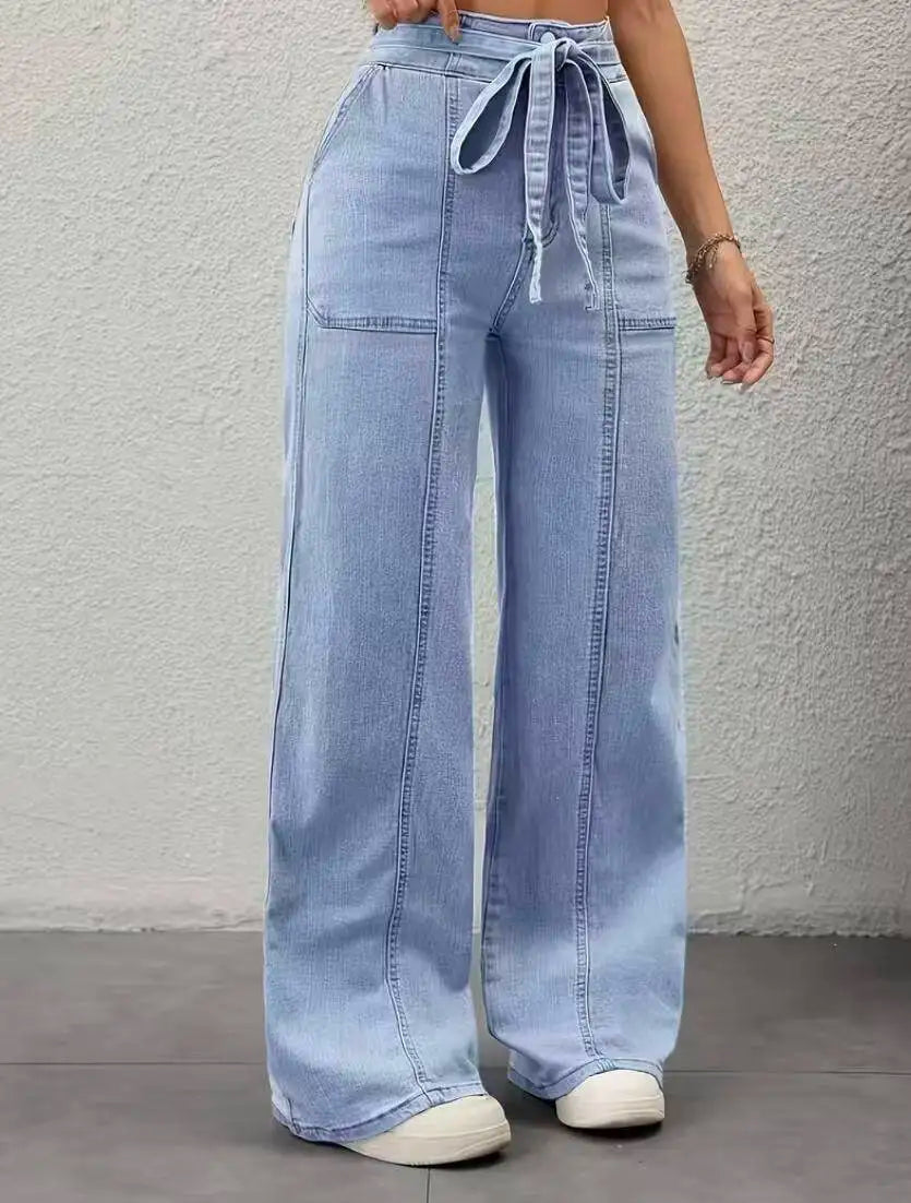 Belted Patch-Pocket Wide-Leg Jeans