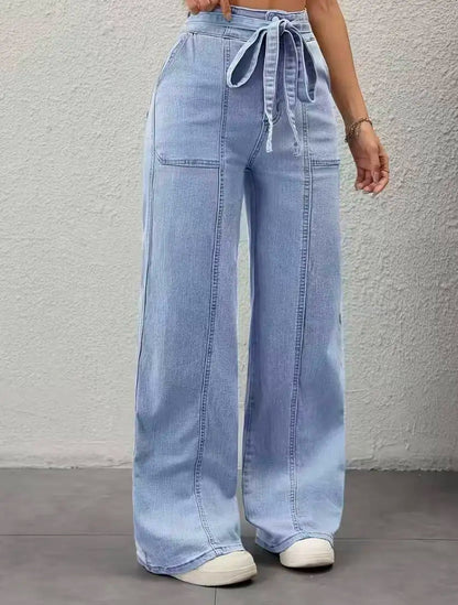 Belted Patch-Pocket Wide-Leg Jeans