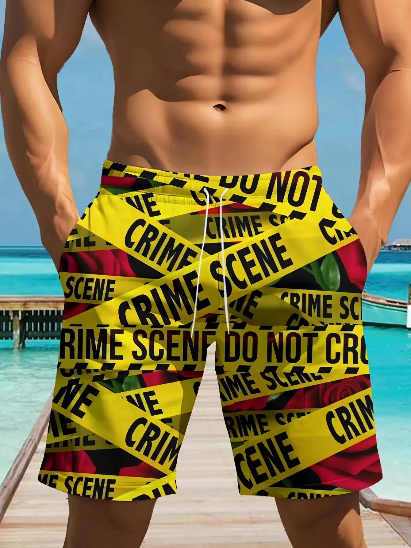 Crime Scene Rose Print Swim Trunks
