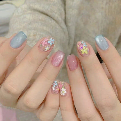 Pink Floral Almond Press On Nails