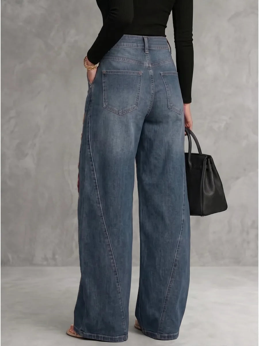 Hollow-Out Flower Wide-Leg Jeans