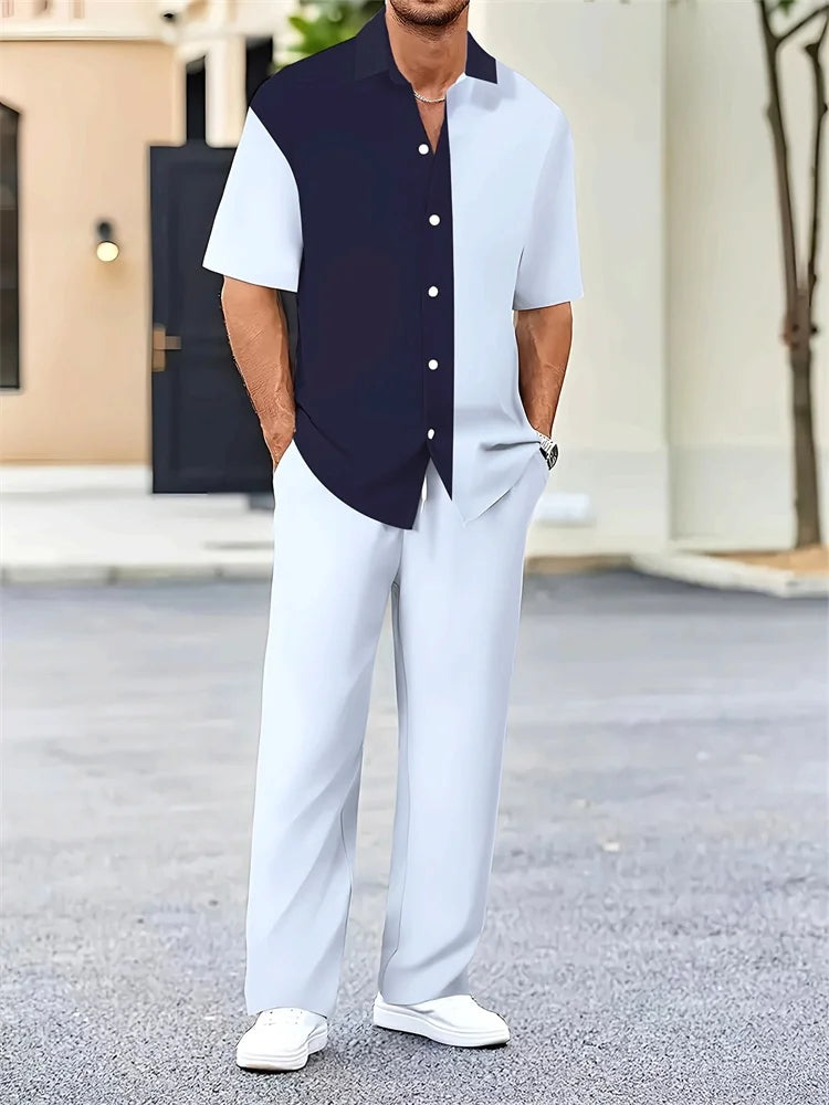 Striped 3D Print Lapel Shirt Set