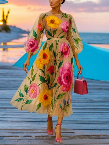 Floral Chiffon Puff Sleeve Dress