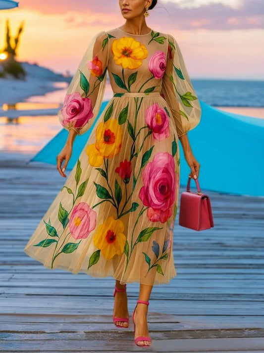 Floral Chiffon Puff Sleeve Dress
