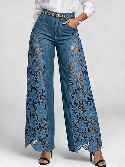 Lace Hollow-Out Wide-Leg Jeans