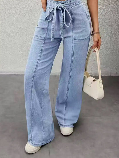Belted Patch-Pocket Wide-Leg Jeans