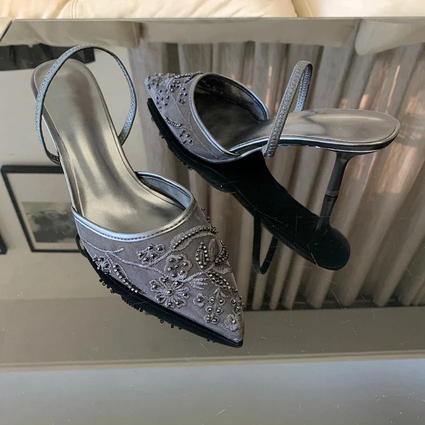 White Embroidered Slingbacks