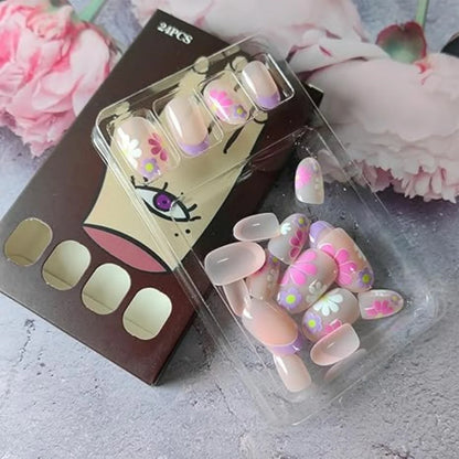 Pink Floral Almond Press On Nails