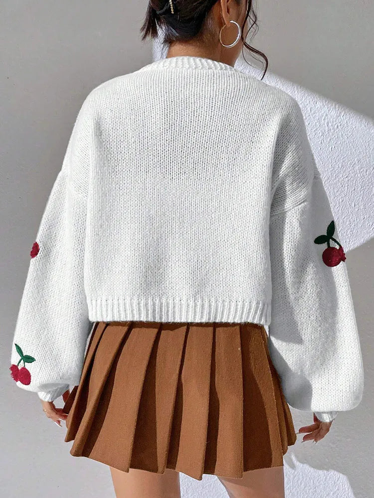Loose Cherry Embroidered Cardigan