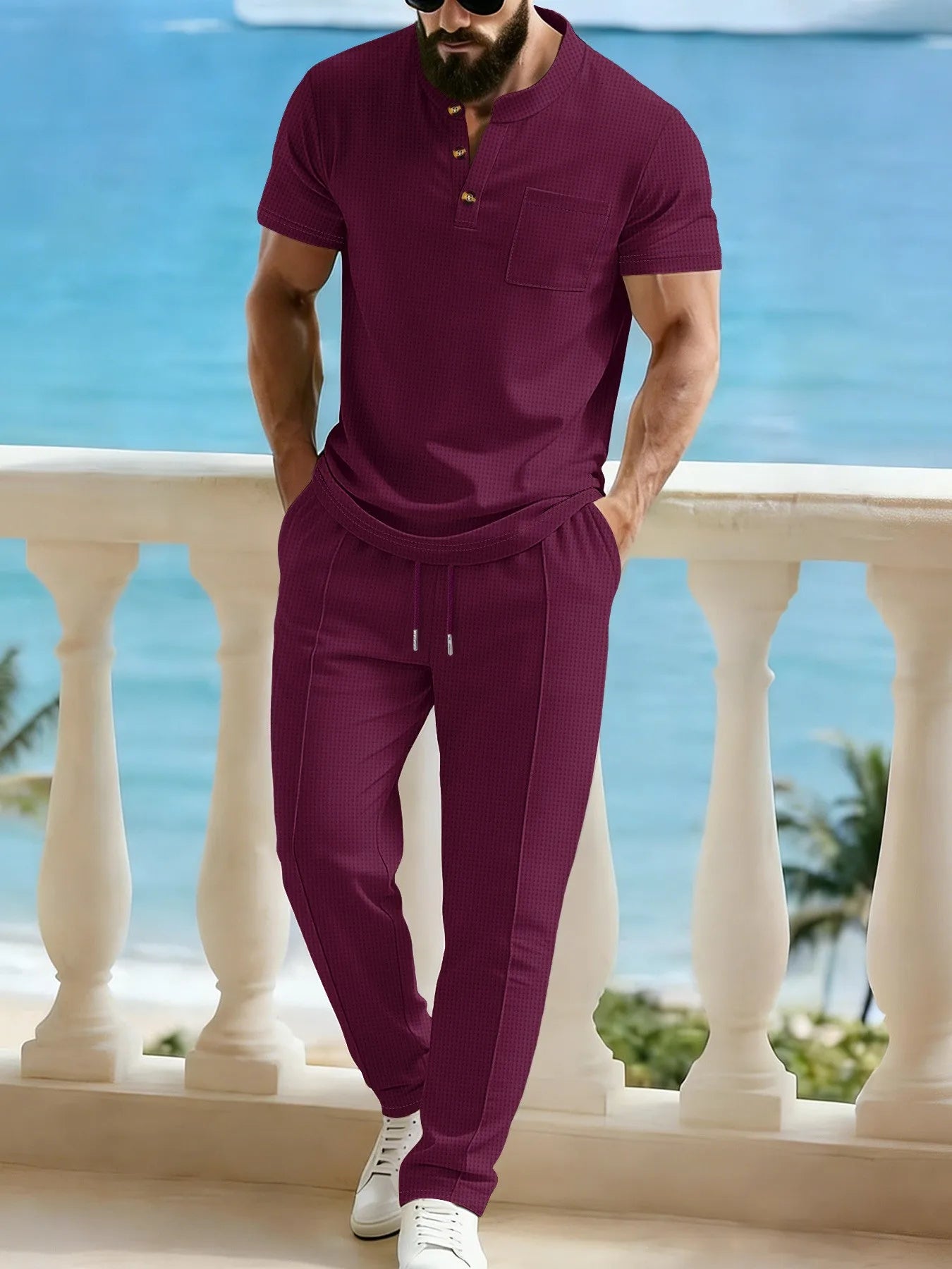 Waffle Henley Stand-Collar Pants Set