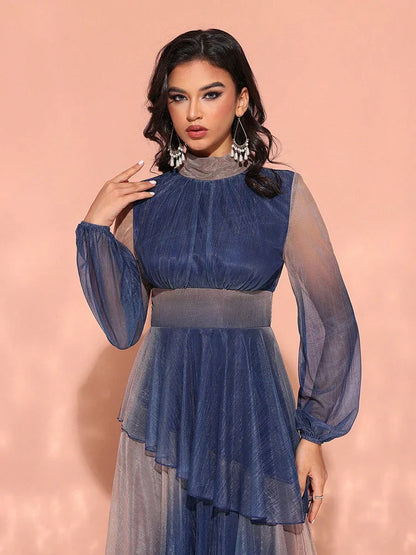 Gradient Lantern Sleeve Evening Dress