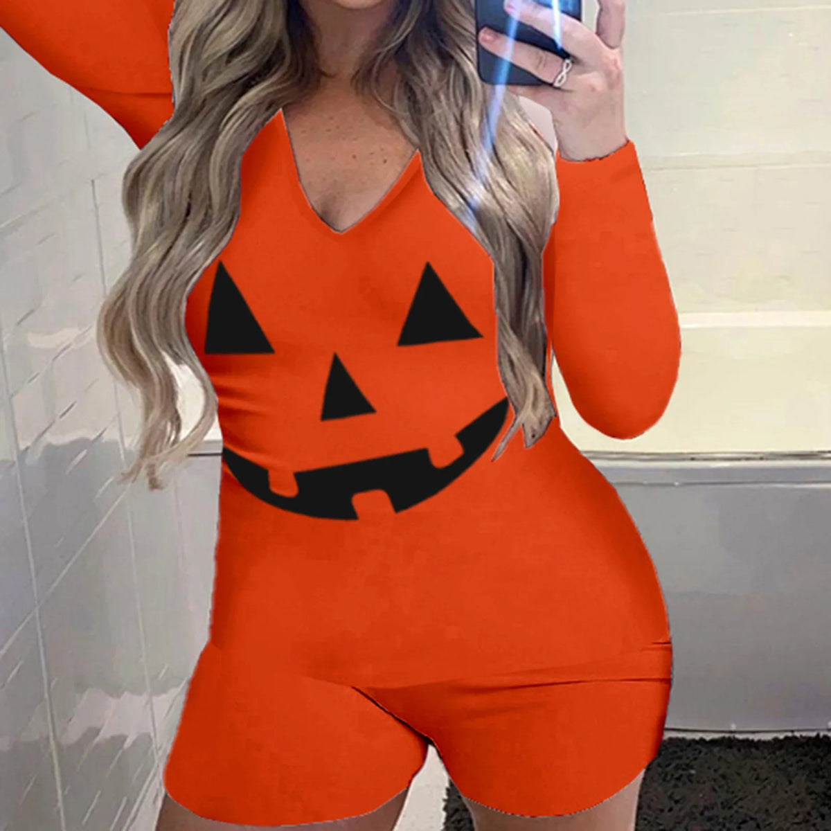 Halloween Print Long-Sleeve Jumpsuit
