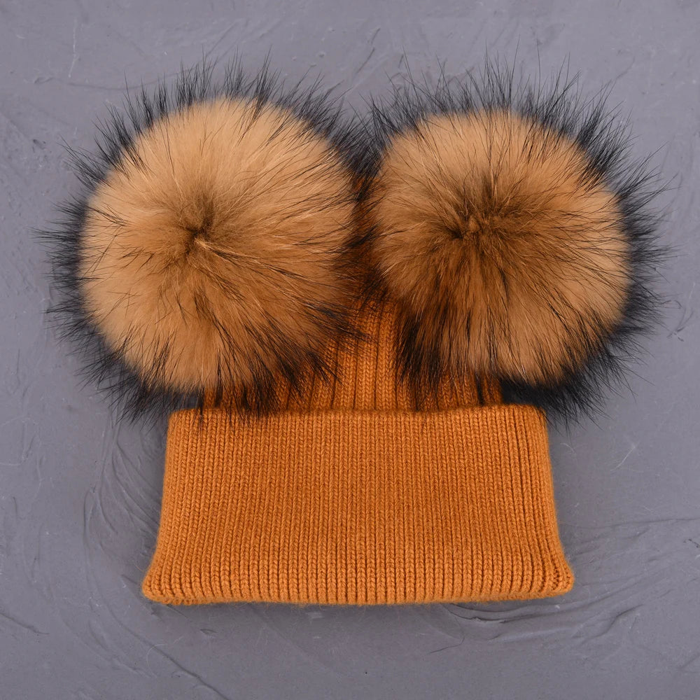 Double Fur Pompom Beanie