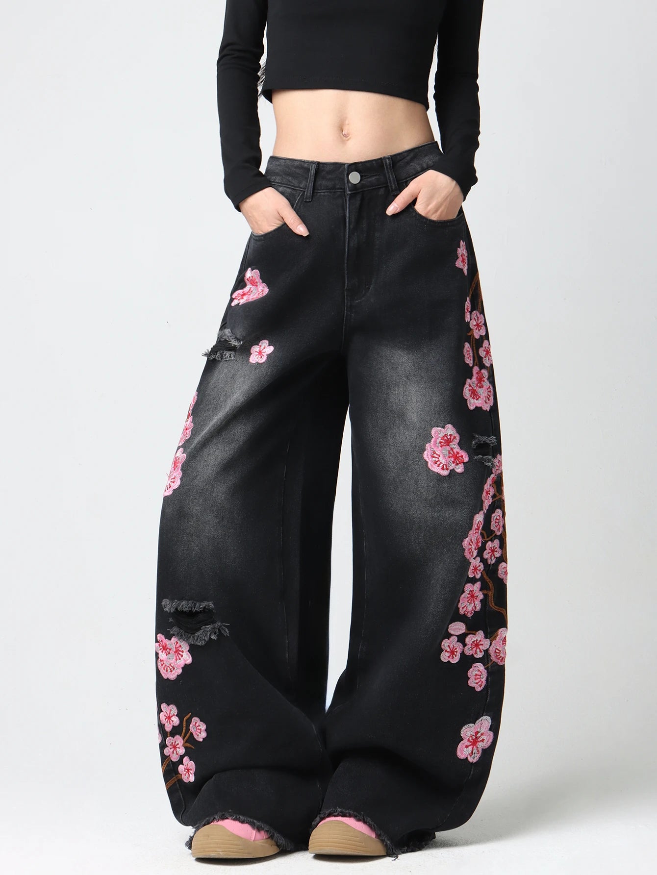Embroidered Distressed Wide-Leg Jeans