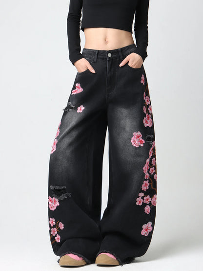 Embroidered Distressed Wide-Leg Jeans