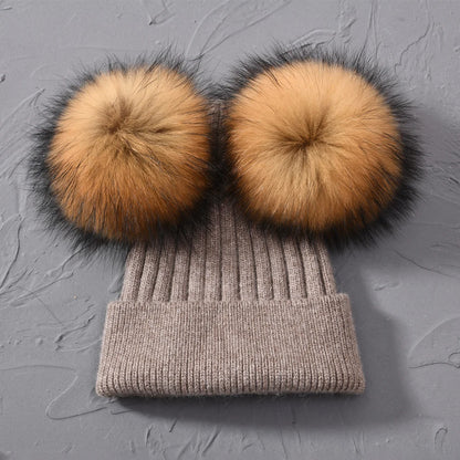Double Fur Pompom Beanie