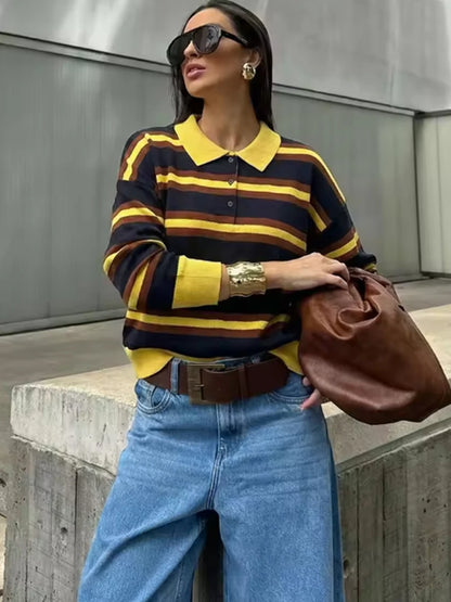 Striped Knit Polo Sweater