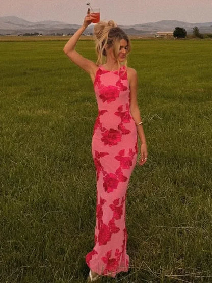 Elegant 3D Flower Maxi Dress