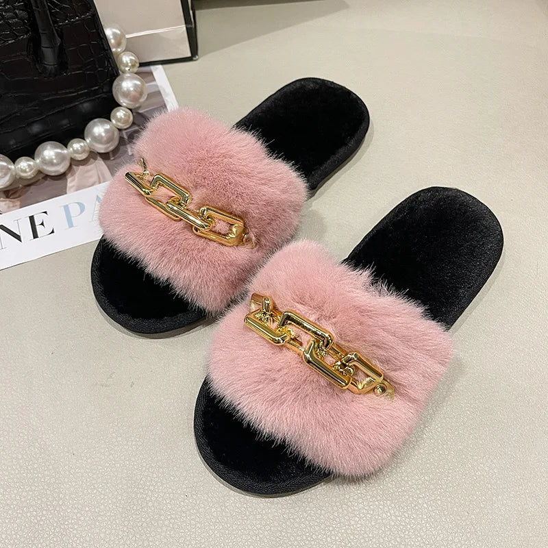 Women Metal Plush Winter Slippers
