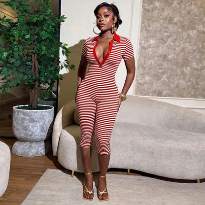 Striped V-Neck Button Jumpsuit