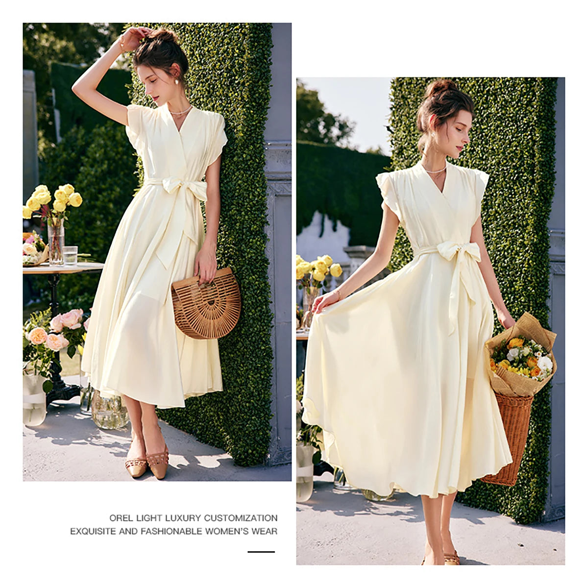 Flying-Sleeve V-Neck Midi Dress