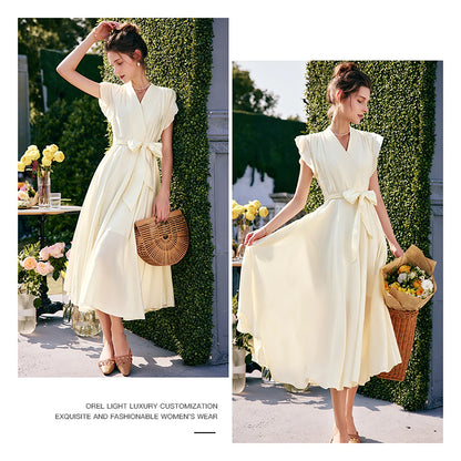 Flying-Sleeve V-Neck Midi Dress