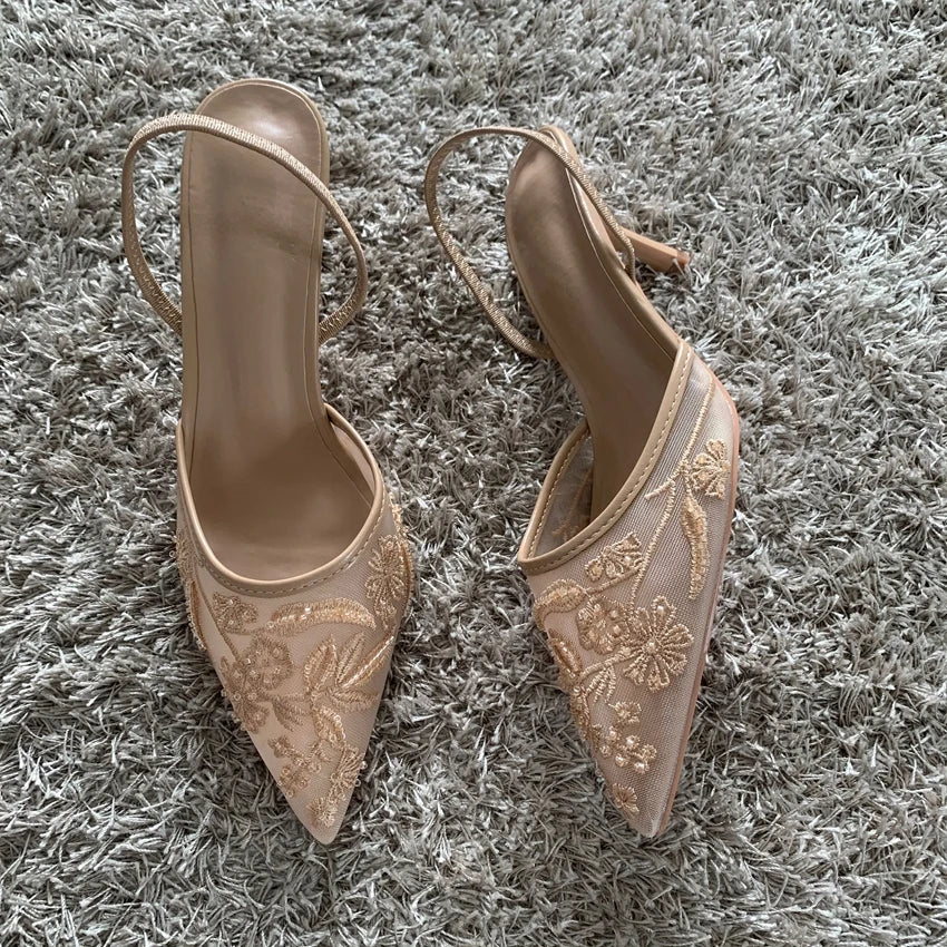 Embroidered Mesh Slingback Pumps