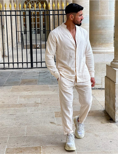 Linen Stand-Collar Loose Long-Sleeve Set