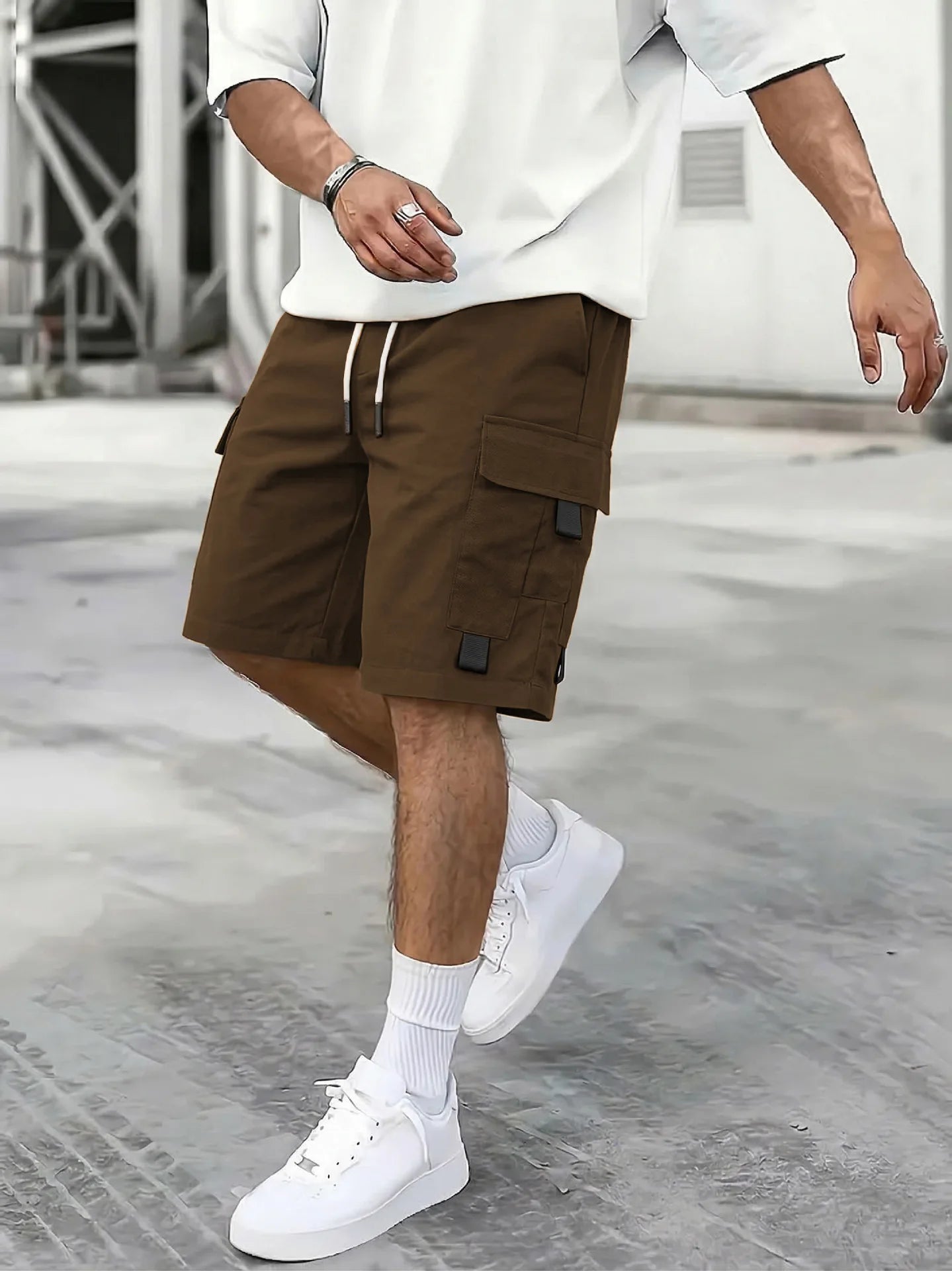 Cargo Shorts Drawstring Buckle Pockets