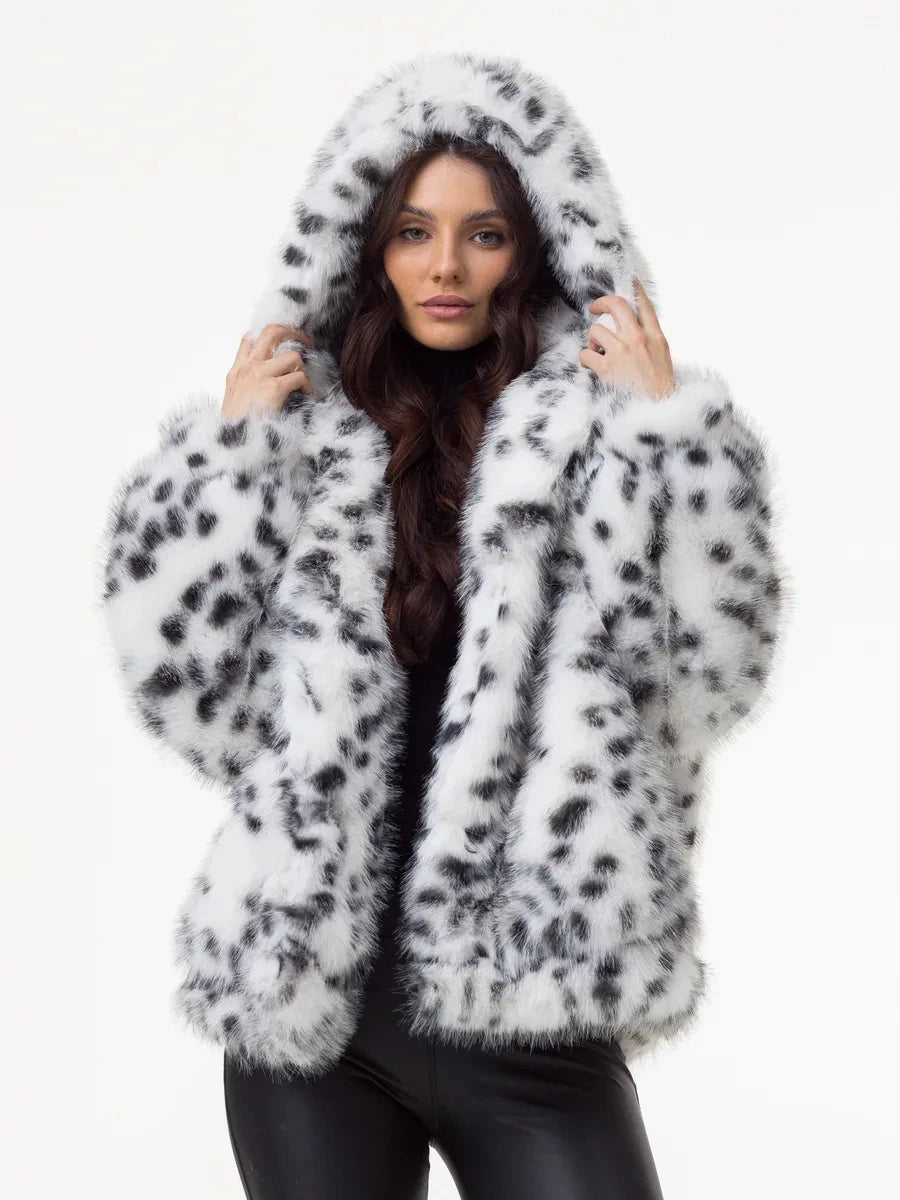 Hooded Snow Leopard Faux Fur Coat