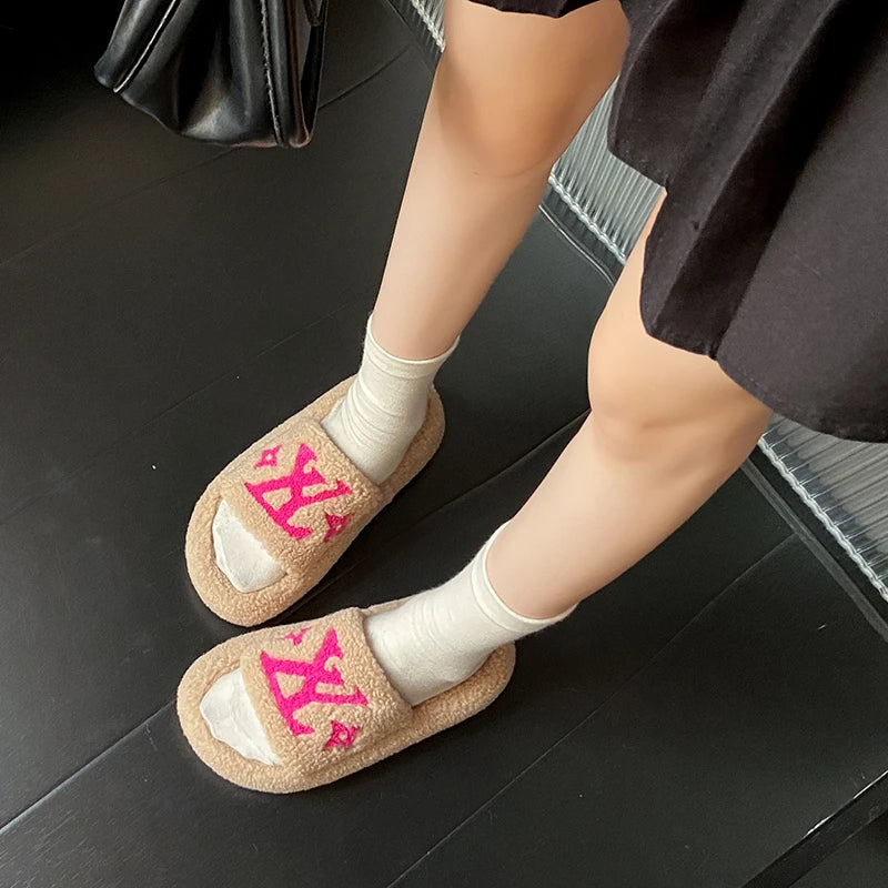 Flannel Plush Platform Slippers