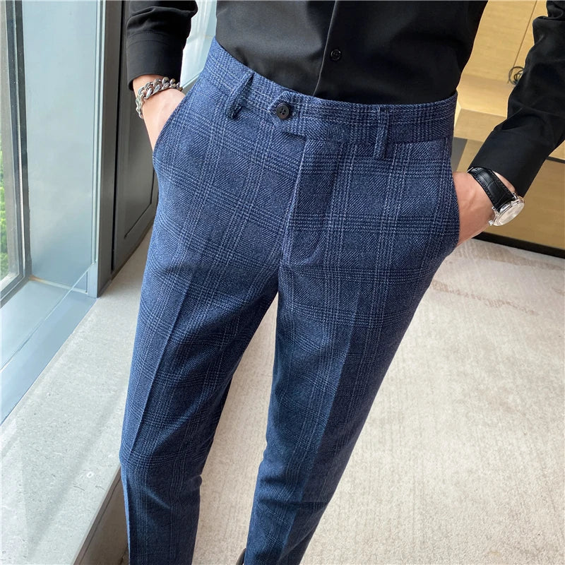 Plaid Striped Slim Suit Trousers