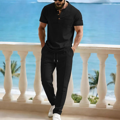 Waffle Henley Stand-Collar Pants Set