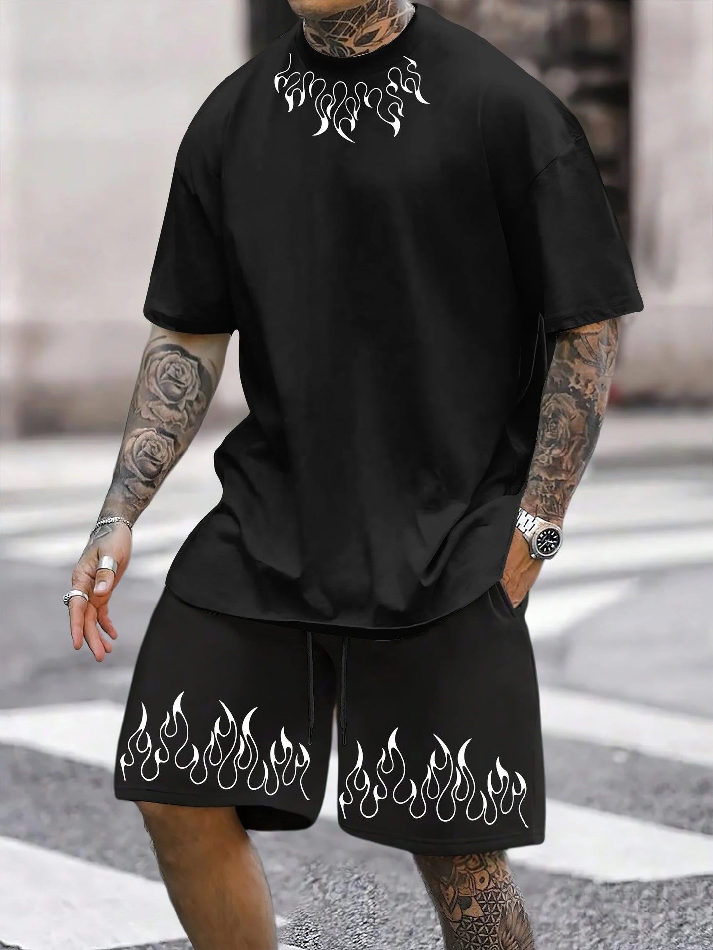 Striped Print Short-Sleeve Sports Set