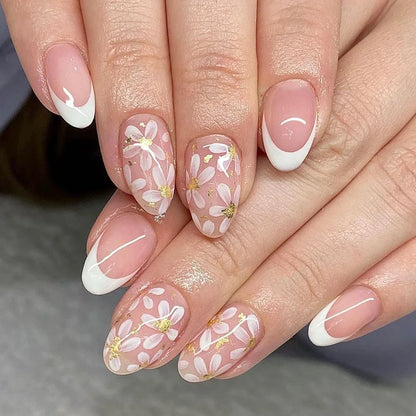 Pink Floral Almond Press On Nails