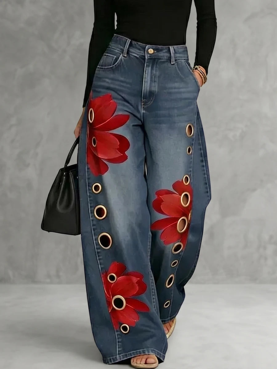 Hollow-Out Flower Wide-Leg Jeans