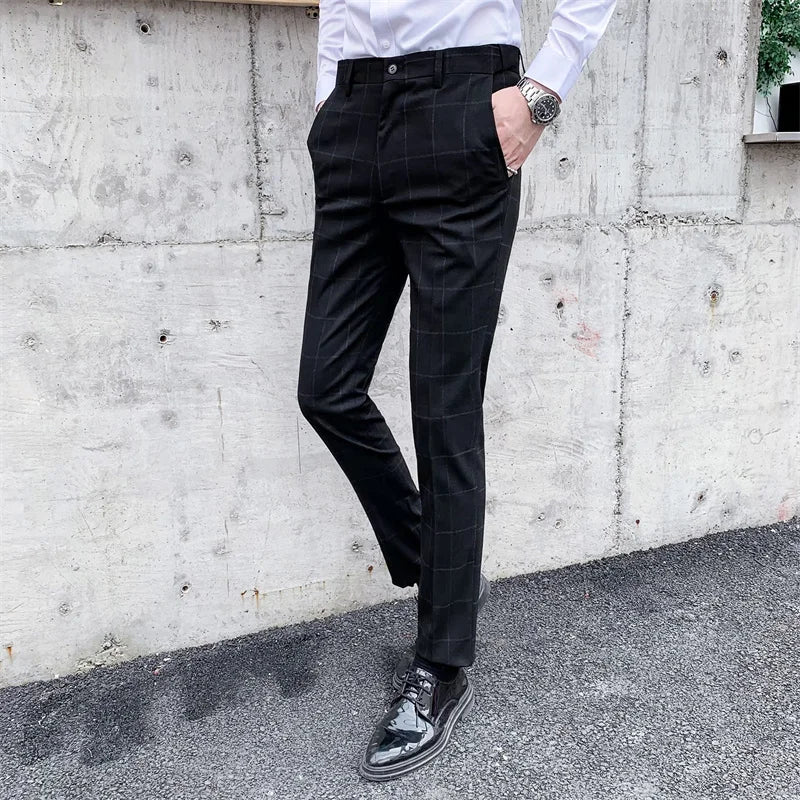 Plaid Striped Slim Suit Trousers