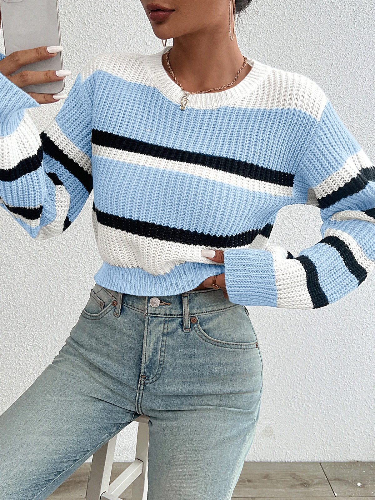 Drop-Shoulder Striped Acrylic Sweater
