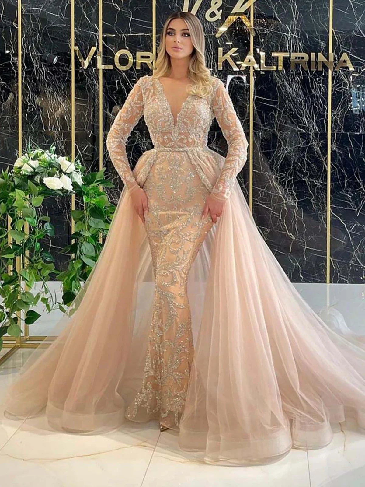 Gold Sequin V-Neck Evening Gown