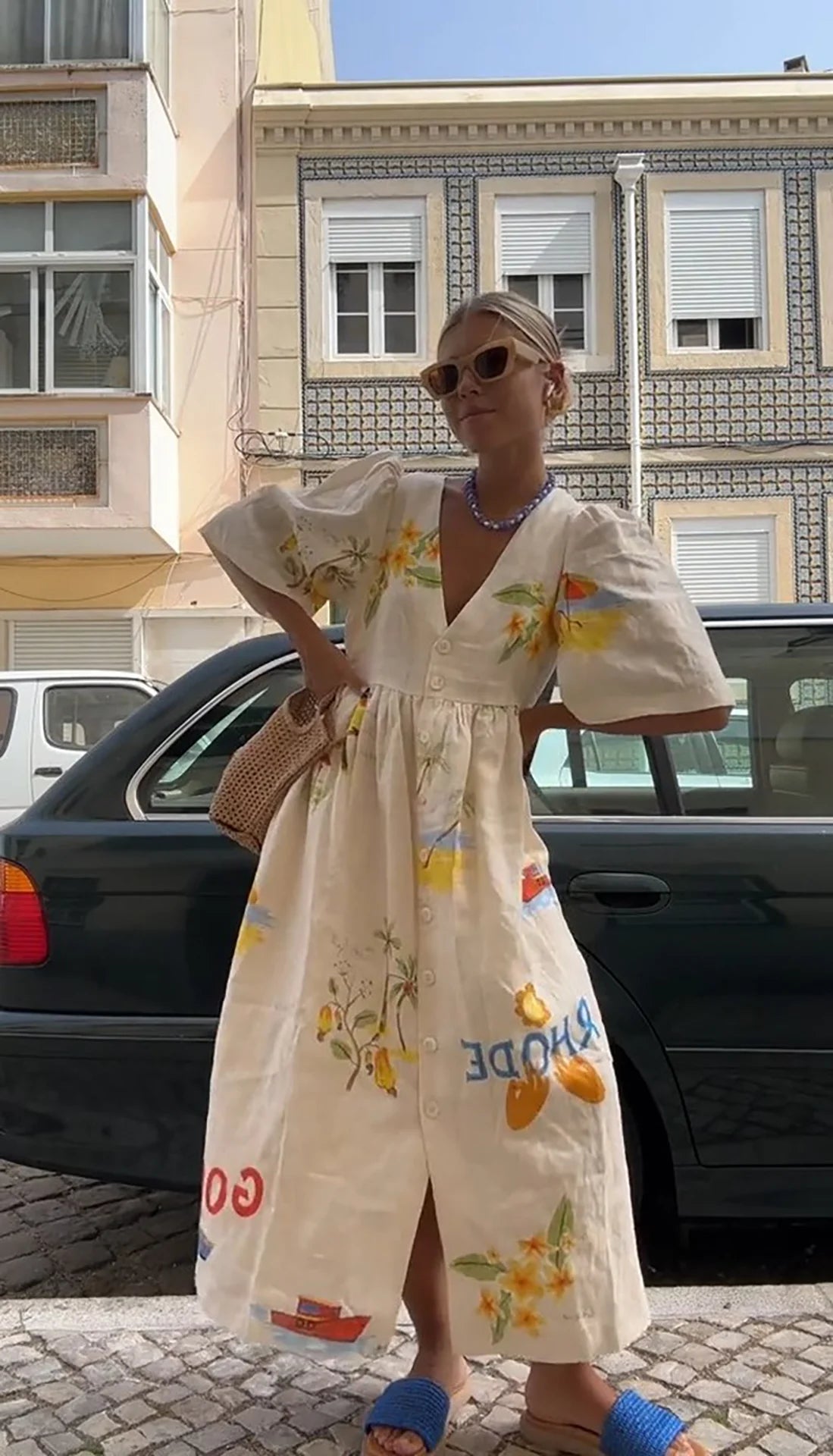 Puff-Sleeve Floral Midi Dress