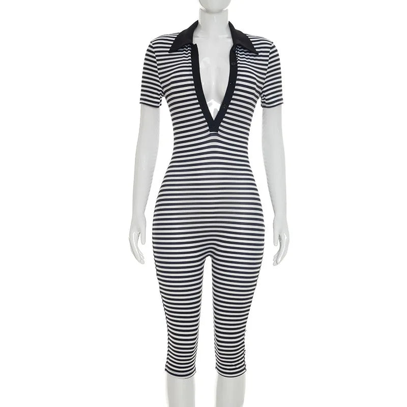 Striped V-Neck Button Jumpsuit
