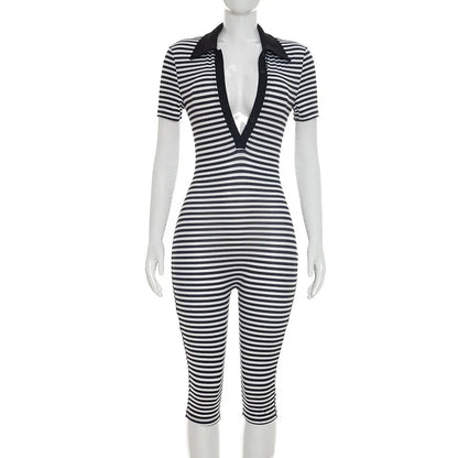 Striped V-Neck Button Jumpsuit