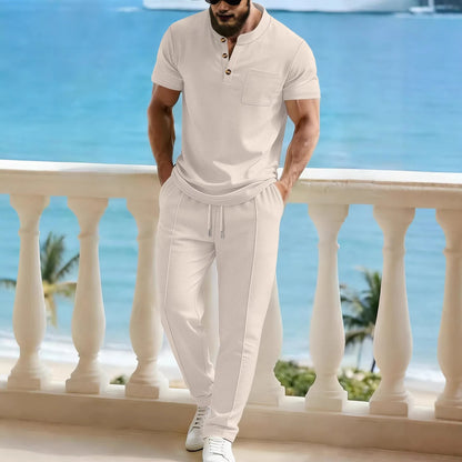 Waffle Henley Stand-Collar Pants Set