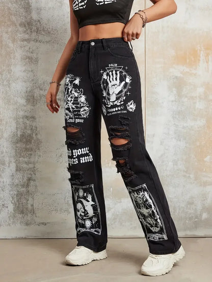 Print Ripped Straight Jeans