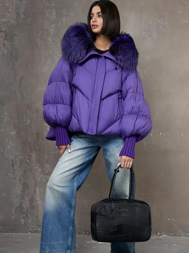 Hooded Puffer Coat with Fur Collar