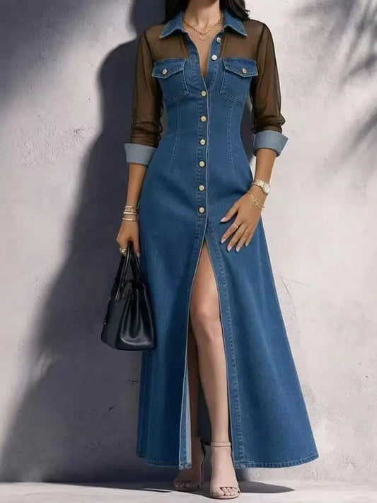 Patchwork Mesh Maxi Shirt Dress