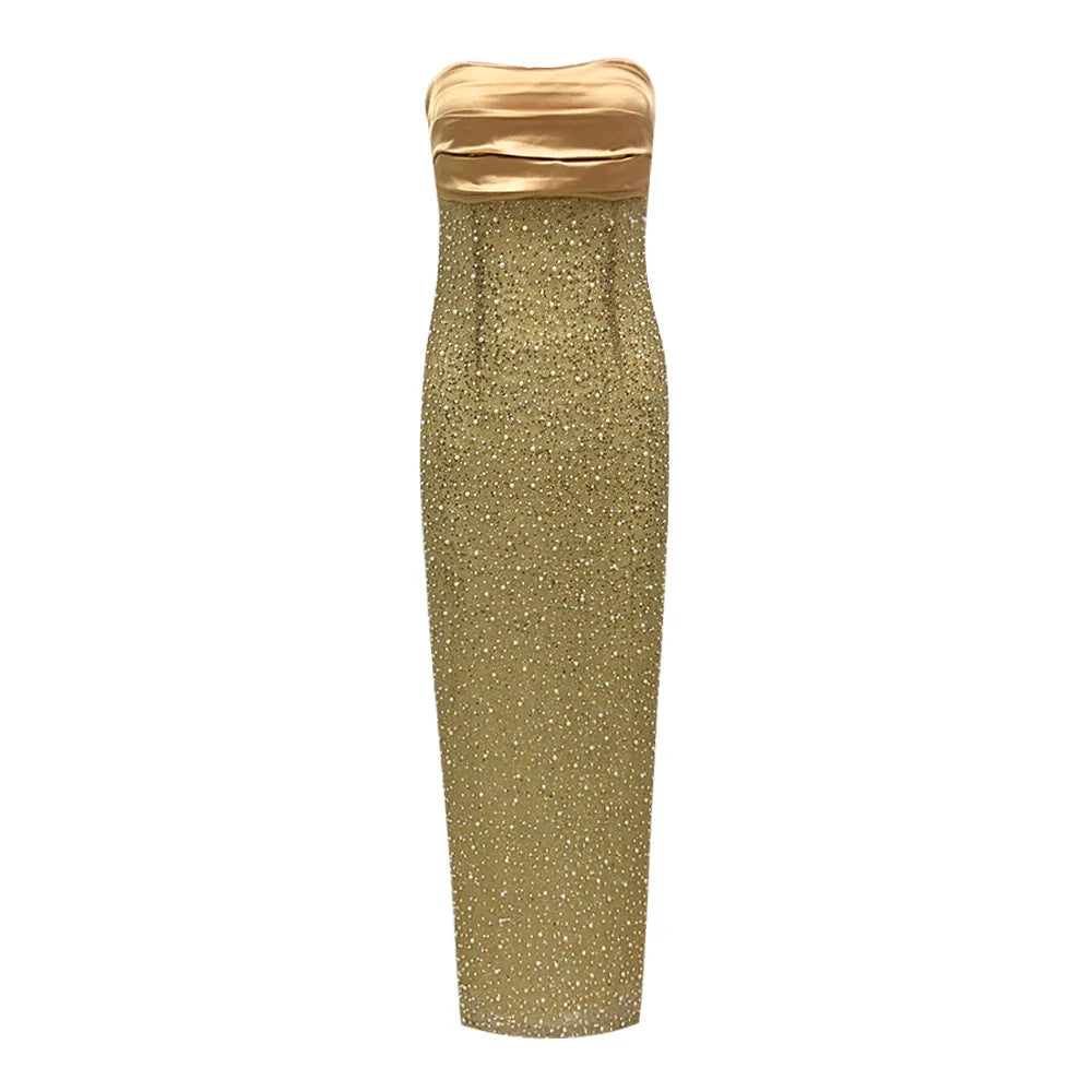 VJ.GOCHI Strapless Pearl Beaded Evening Dress