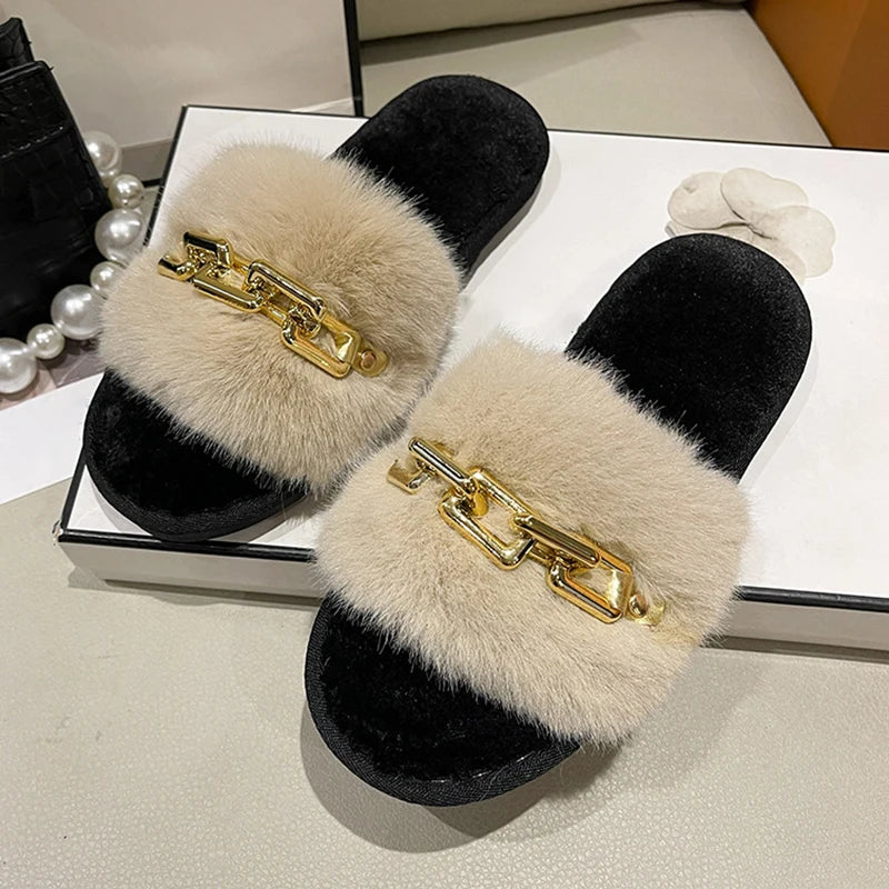 Women Metal Plush Winter Slippers
